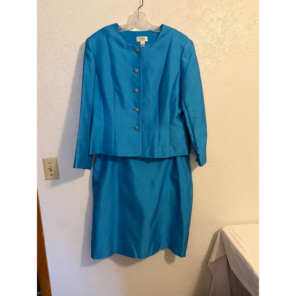 Talbots Silk Cotton Skirt Suit Turquoise Blue Button Jacket Pencil Skirt Sz 16